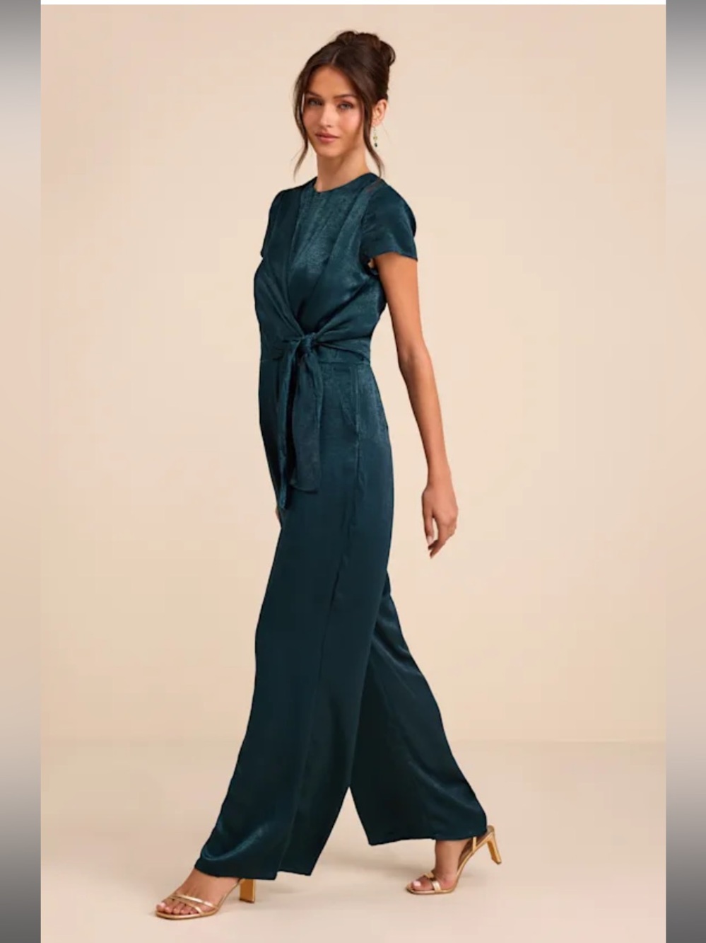NWT Lulus Let Me Entertain You Dark Green Satin Wide-Leg Jumpsuit Medium